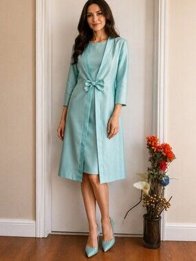 Vintage | Turquoise Sheath 80's Dress Suit Satin Bow Jacket Elegant